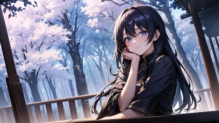 Anime Women 、((( 1 woman)))、((Im staring at my opponent with a smile)）(( Please draw a quiet park at night 。 in the center of the scene 、Theres an old wooden bench and 、 One person is sitting face down 。 The persons face is shaded so you cant see 、 emotion...