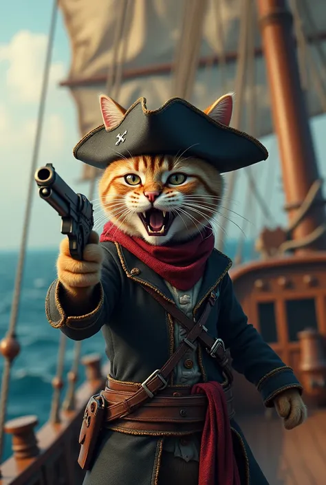 A realistic cat looks like a pirate on a pirate ship and holds a pistol in his hand。 with her mouth wide open 。