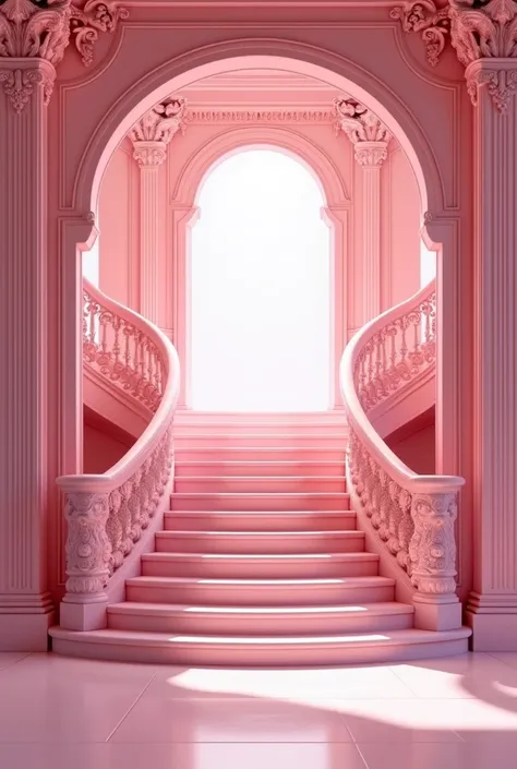 "Create a detailed image of an elegant, bright pink staircase positioned symmetrically within an ornate, luxurious interior. The staircase should have smooth, curved railings with intricate carvings and a grand sweeping design leading upward into an archwa...