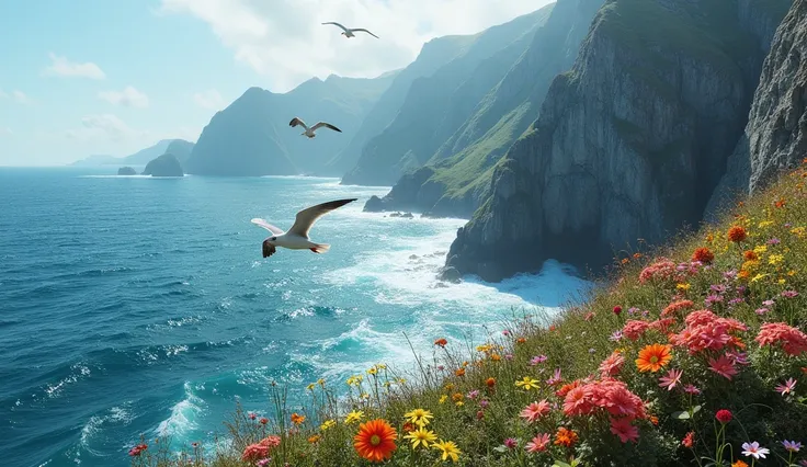  Dramatic cliffs tumbling toward the blue ocean, covered by colorful wildflowers .  The wind stirs the flowers as seagulls fly around .