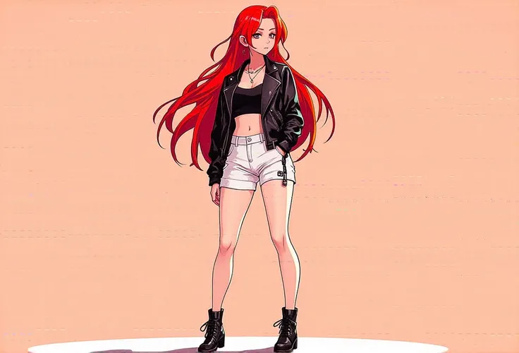 2d platformer game character, american comics book style, full body view, girl, perfect body, idle pose, long red hair, white womens shorts, black leather jacket, grinders,  perfect clear lines, clean stroke, vector quality, flat shadows, flat color,  flat...