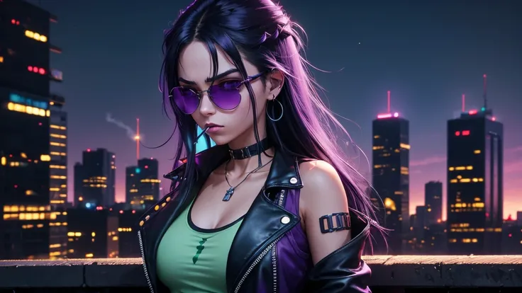 90s dark anime punk girl with aviators and long dark hair. A urban city in the background illuminates her. She wears a leather jacket over a green tank top and a choker necklace. She leans against a pillar with a cigarette in her mouth. There is an overall...