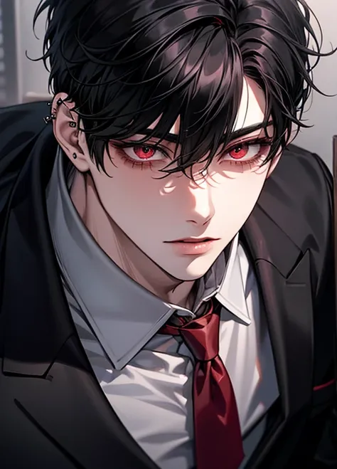 male,Short cut,Black hair, attractive ,Red eyed , student, Dark Atmosphere,Crazy Eyes , Shining Red Eyes , suit,tie, high resolution, best quality , Very delicate face ,1 person,Alone,sexy,flushing, attractive 미소,Naturally, ear-piercing 