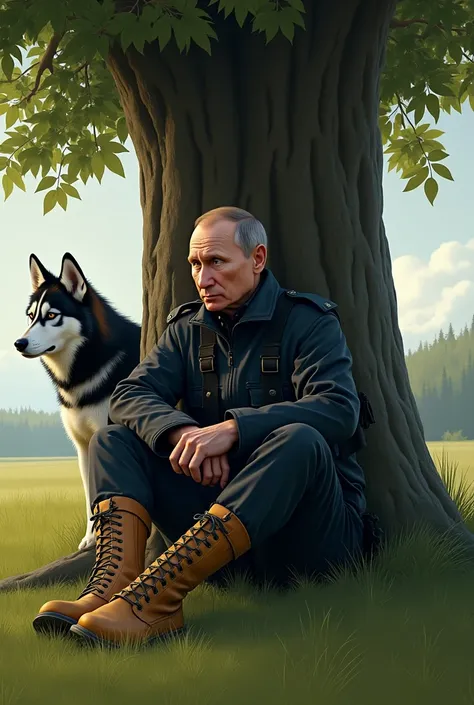 Vladimir Putin in black clothing and tactical camel delta boots and Vladimir Putin is sitting under a tree and a husky dog and a lot of grass