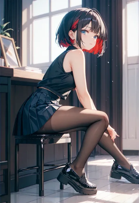 1girl,black hair,multicolored hair, red hair,bob cut,blue eyes,black tops,sleeveless,pleated skirt,mini skirt,pantyhose,black shoes,