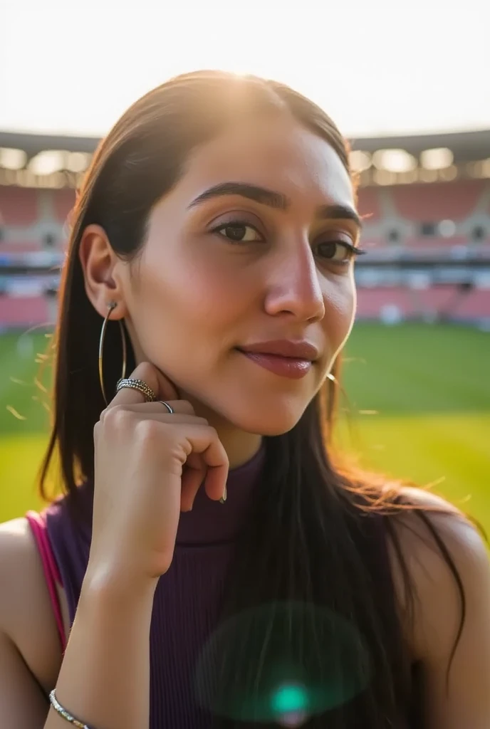 cinematic photo professional fashion close-up portrait photography of sahiba at soccer stadium during Golden Hour, Nikon Z9   . 35mm photograph, film, bokeh, professional, 4k, highly detailed