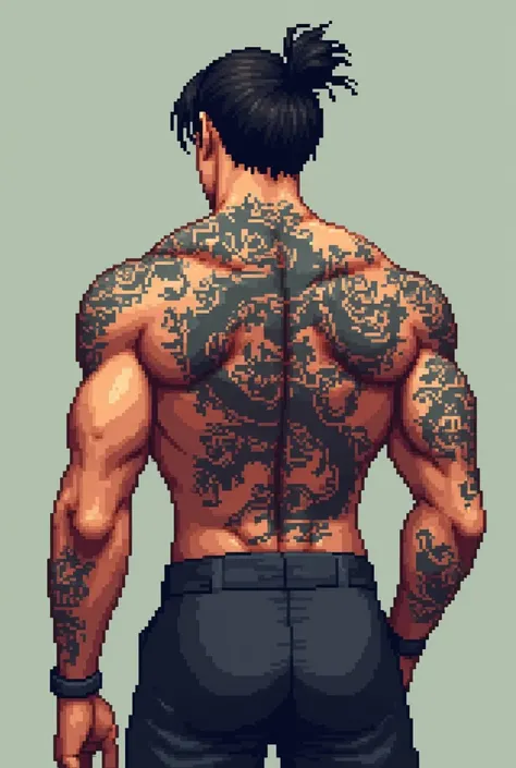 8-bit image of a game icon, the main character is showing his muscular back with a yakuza like dragon tattoo. His hair is up with medium cut. Hes not wearing any shirt except the long pants