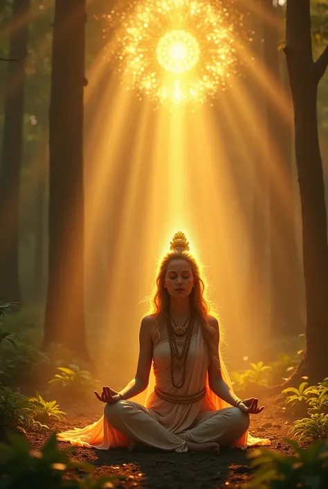 Prompt: "A divine scene depicting Randal Mata, a goddess meditating deeply in a serene environment. She is dressed in traditional attire, glowing with divine energy. She sits on one leg in a meditative posture. The forest is peaceful, with golden sunlight ...