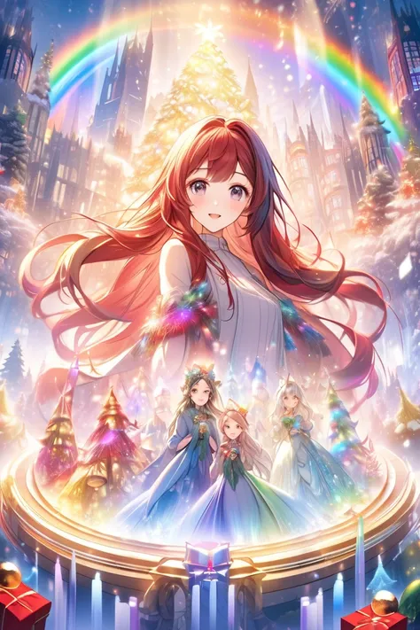  top quality, Super fine, 16k, 2.5D,  Delicate and Dynamic Depiction ,up, Christmas, long hair,Play sacred sounds with beautiful game characters singing voices,  Transparent, translucent, and rainbow-colored barriers break , Game Production Effects , A mys...