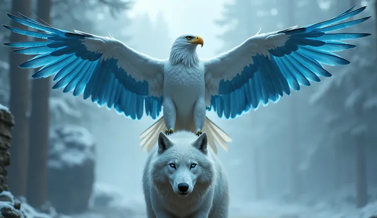  First person view of a pure white eagle with beautiful blue wing feathers, stands on the shoulders of a a majestic pure white wolf, striking pose, highly detailed, photorealistic, 8k, cinematic lighting, dramatic composition, mystical atmosphere, vibrant ...