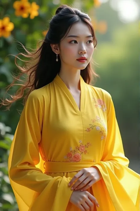 Create an image of a woman wearing a yellow five-body blouse