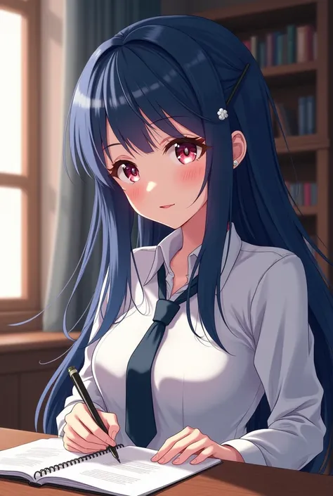 A woman with dark blue hair, dark blue, Long hair, fair skin, wearing a white shirt and tie, white bangs highlights, anime style, Currently writing, The background is the teachers room..