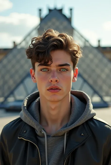 Very handsome white teenage boy with green eyes wearing modern clothes in font of Louvre museum in Paris. 