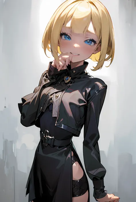 ( black riders jacket:1.1), (masterpiece,  top quality, cute girl with blonde bob hair ,  beautiful face, 8k,  RAW photos ,  photorealistic,  absurd:1.2), 10th Generation,  Cowboy Shot ,  Dutch Angle ,  face light ,   Color Difference,  high definition ,  ...