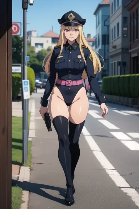 Selene, ftselenecas, long hair, blonde hair, pink eyes, mature female, large breasts, BCop, belt, policewoman, leotard, police hat, peaked cap, calm smile, walking