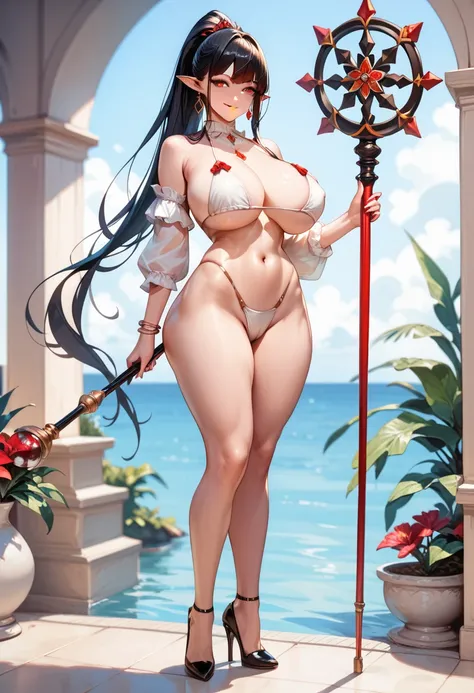 1 girl,  smiling, (pretty face),huge breasts  ,  slim waist ,  wide hips,  huge butt,fullbody, stand,White blouse, blac bikini,long black ponytail hair ,  high black heels ,  Closed mouth , red eyes, pointy ears,holding a staff with both hands