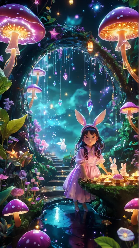 Magical witchs garden, bunny-eared apprentice practicing levitation spells, floating teacups and saucers, mischievous fairy companions, glowing mushroom circle, starlit night sky, shimmering magical aura, crystal wind chimes, soft pastel colors, detailed m...