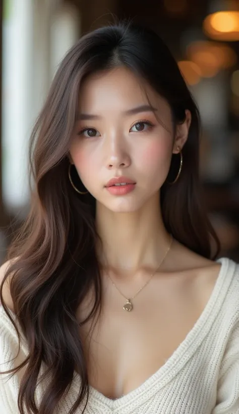 Beautiful girl model,her face similar to Momo from TWICE,dark brown long soft hair and big wide double lid eyes, baby pinkish skin,cute and sofisticated,soft pink lips,wearing brown clean white knit-dress and ,She like having cafe latte  in coffee shop tha...