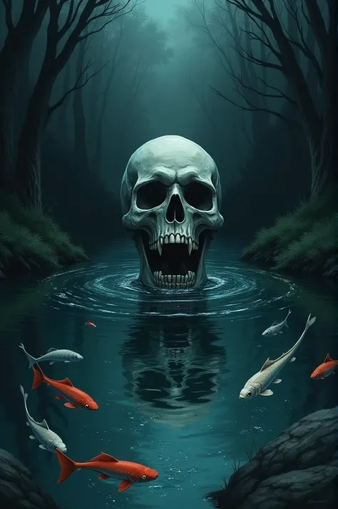 Anime artwork, of river stream half immersed underwater, dark atmosphere, fish swimming, skeleton face in water