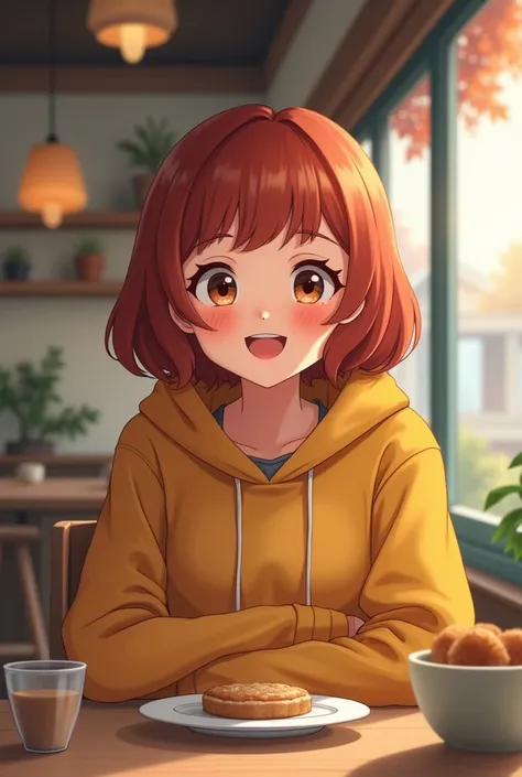  1 girl,  high definition , chest,  shortcuts,  open her mouth ,  smiles, Older sister,3 oclock snack ,Reddish brown hair, mustard colored hoodie,Snack time,Cafe Time