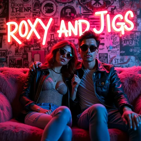 HD, (Best Detail) (Best Quality), Alfi couple in sunglasses sitting in chair on sofa, (((Graffiti art))), (((Trigger studio style, graffiti art, rock punk, neon colors))), Carne Griffiths name roxy and jigs written on background in neon