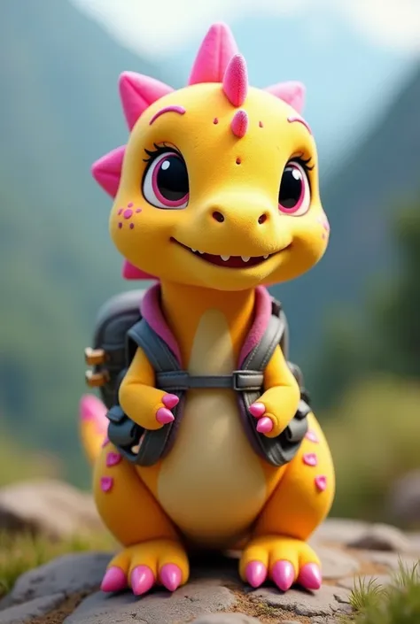 A yellow baby plush dinosaur with pink scales Influenser with adventure vest 