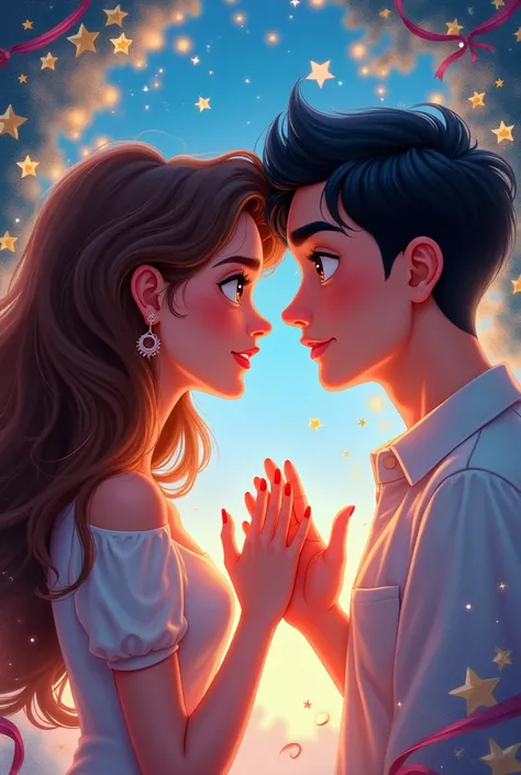 Disney poster image of a heterosexual couple of a 21 year old girl with brown hair and long wavy hair, Slim and pretty with a 21 year old strong brunette with thick eyebrows and short black hair who like each other but are in different places, The Disney p...