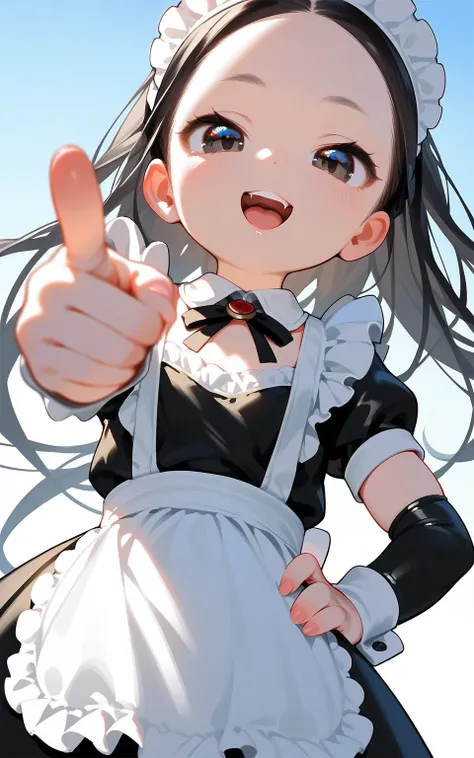 masterpiece,best quality,ultra-detailed,super detailed skin,perfect anatomy,detailed,beautiful detailed eyes,long hair,forehead,straight hair,black hair,black eyes,(loli:1.2),petite,flat chests,
Maid, naughty face, open mouth, pointing, hand on hip, from b...