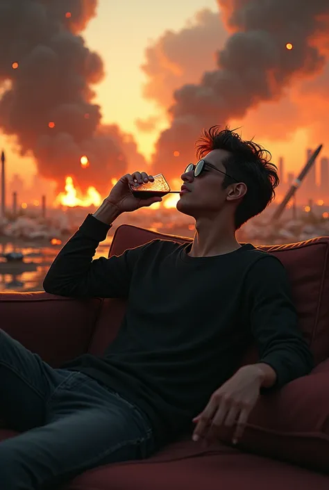 young 27 years old chill dude , between burning ruins 70% pic flames , scattered glass on ground , laying on his room caoch drinking juice with straw , not caring , wearing sunglasses black long sleeve shirt explosions and missiles , world in back is on fi...