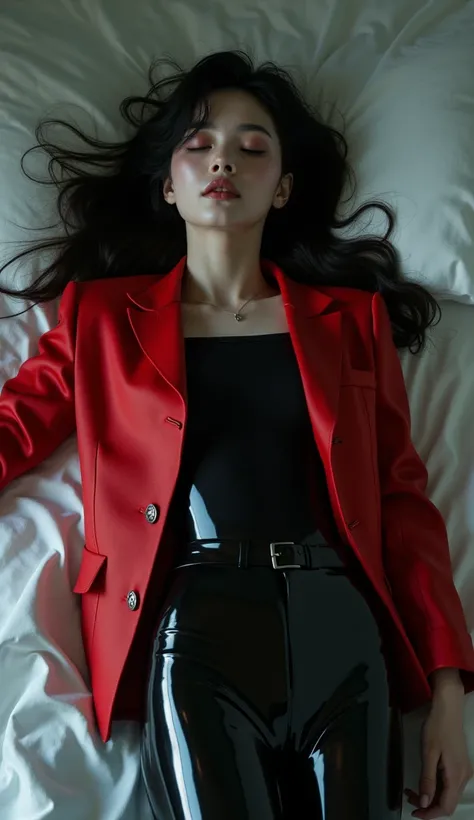 A beautiful dead korean girl, dead body lying on the bed, full supine body, closed eyes, wearing red jacket and black shirt, black shiny latex leggings, focus on leggings, ultra realistic