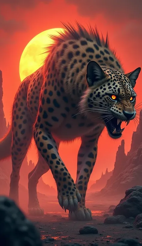 "A hybrid creature that seamlessly combines features of a wolf and a leopard into a single, monstrous entity. The creature has the muscular build and spotted fur pattern of a leopard, combined with the sharp teeth, glowing eyes, and bristling fur of a wolf...