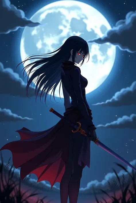 Akame do anime akame ga kill, com uma lua de fundo,((details)).
