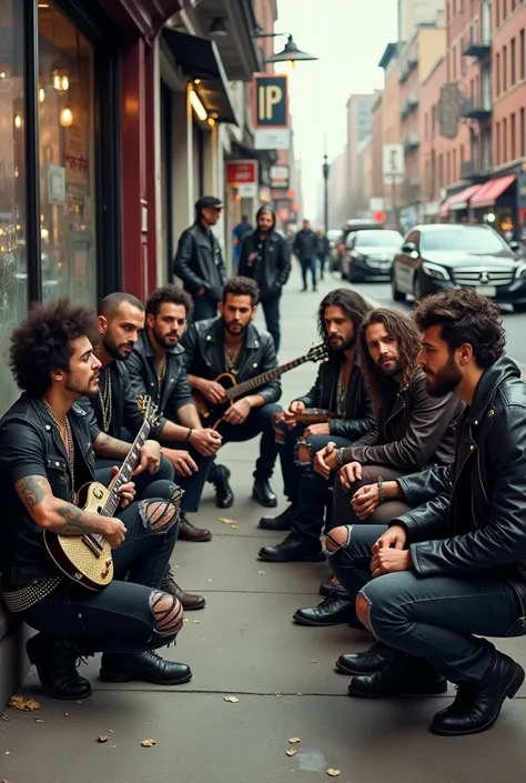 9 guys dressed as rockers sit on the side of the street while one of them strums a guitar