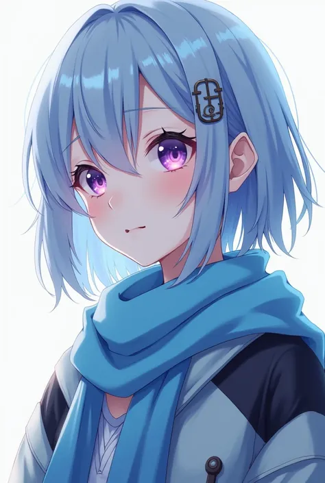 anime girl, short light blue hair with black locks, purple and pink eyes .   white skin , sky blue scarf,  and light blue and black jacket .