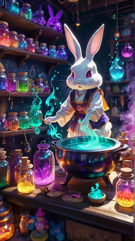 Magical witchs potion class, bunny-eared apprentice mixing colorful bubbling cauldron, floating ingredient jars, mischievous imp familiar, glowing crystal shelves, swirling magical smoke, detailed alchemical symbols, soft pastel color palette --ar 9:16 --s...