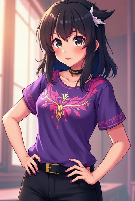 A girl with medium-long hair without bangs in purple and pink with dark skin wearing a non-seductive aesthetic outfit in a purple t-shirt ,  pink and gold with beautiful designs and very aesthetic and fashionable black pants ,May the girl be an anime girl ...