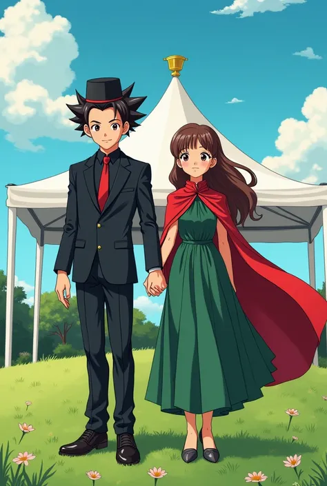  A young Jewish Saiyan with brown hair without a beard wearing an all-black suit,  black dress shirt with red tie and a black kippah , wearing a red cape and his bride ,  a girl with long brown hair and a green dress ,  at their wedding on a green outdoor ...