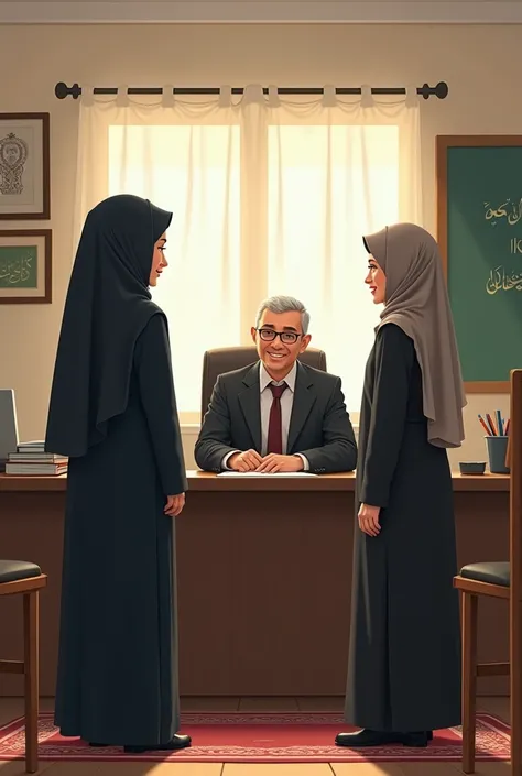 can you create a picture that have two muslim students girl are standing and meet their teacher is man who is muslim in teachers room