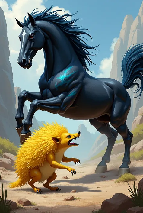 Draw a picture of a yellow hedgehog fighting with a black and blue horse