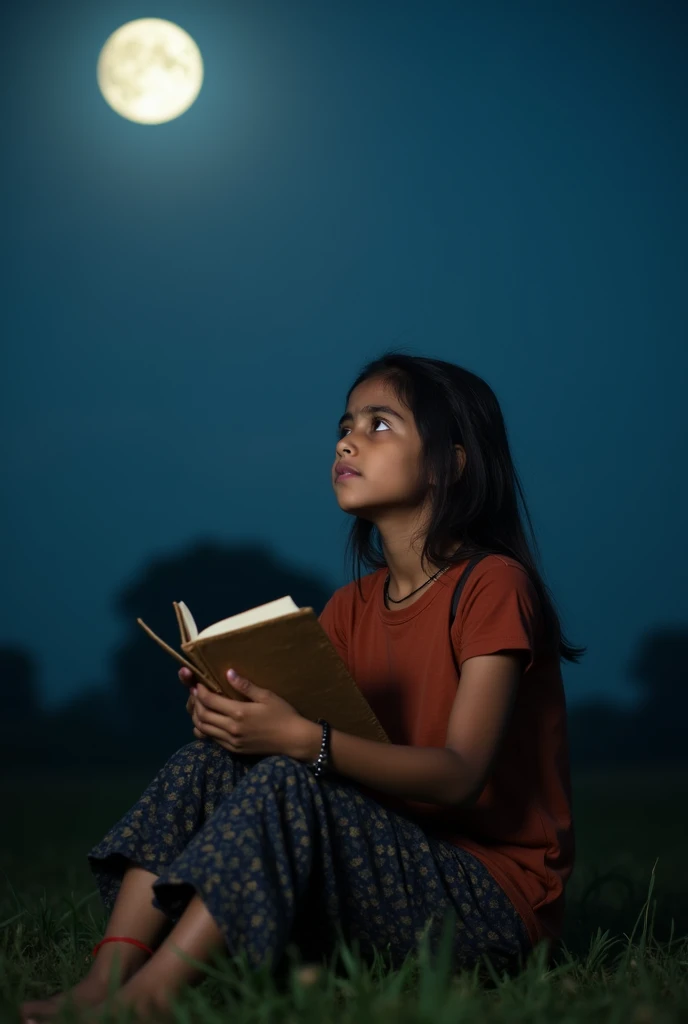 Young Girl Under the Moonlight
"A young Bangladeshi girl, around , sitting alone under the night sky. She gazes up at the full moon, holding a worn notebook close to her chest. Her expression is a mix of determination and emotion, with soft moonlight highl...