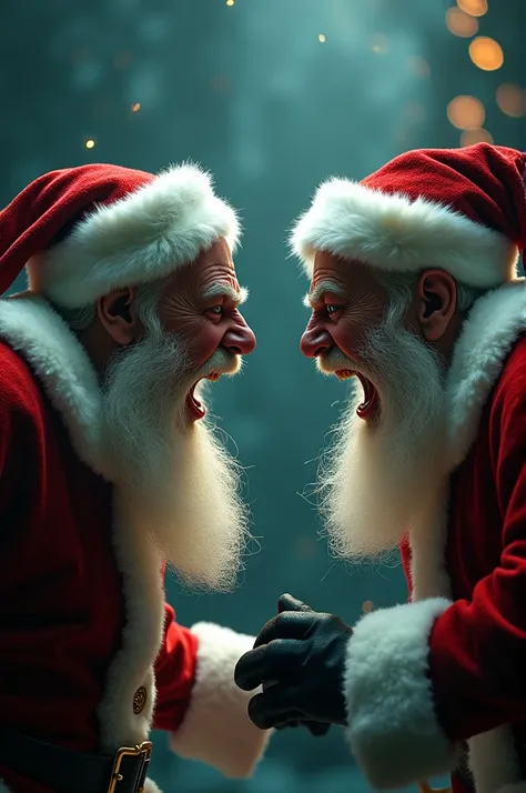 Face to face visual of 2 Santa Claus looking furiously each other with a wild smile on their faces, dark and magical background, view from side , realistic and cinematic image 