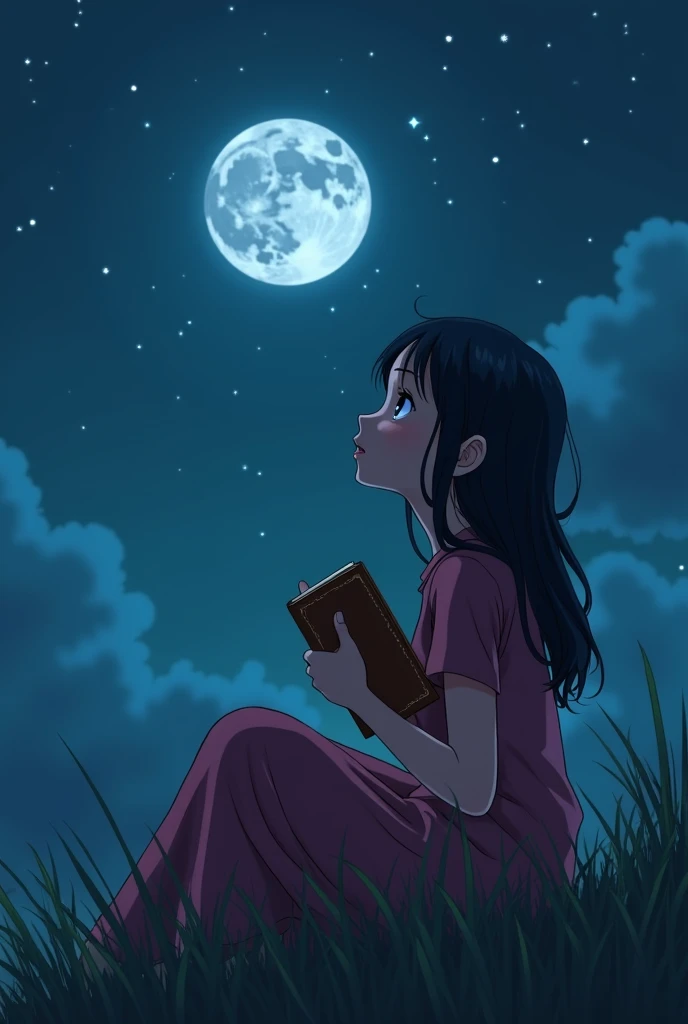 Young Girl Under the Moonlight
"A young Bangladeshi girl, around , sitting alone under the night sky. She gazes up at the full moon, holding a worn notebook close to her chest. Her expression is a mix of determination and emotion, with soft moonlight highl...