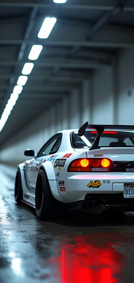 Wide view, A white car (((NISSAN Silvia SPEC-R AERO))), ((full modified)), black sport rims, (racing stickers on body), license number "AG 5034 SS", racing exhaust, (((realistic car type))), cinematic lighting, photorealistic