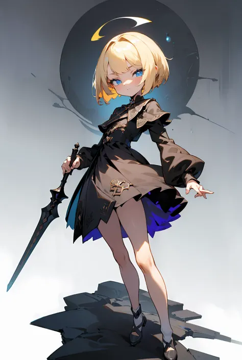 ( black riders jacket), (masterpiece,  top quality, cute girl with blonde bob hair , 10th Generation,   Color Difference,  high definition ,  more,  detailed description ,  thin blue ruffle lace dress,  detailed skin、 blue eyes,  sharp concentration , stre...