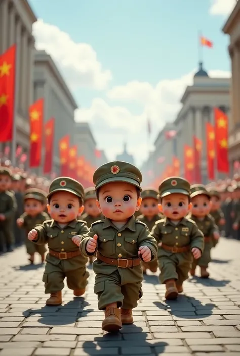 How cute babies dress up in military uniforms and march in military parade