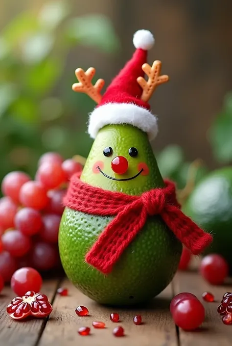  Imagine a bunch of grapes with each grape wearing a small Santa Claus hat and small red scarves. Then, An avocado  (avocado) with a smiley face , also wearing a Christmas hat ,  and maybe a green scarf around the  "neck". Finally,  a pomegranate with eyes...