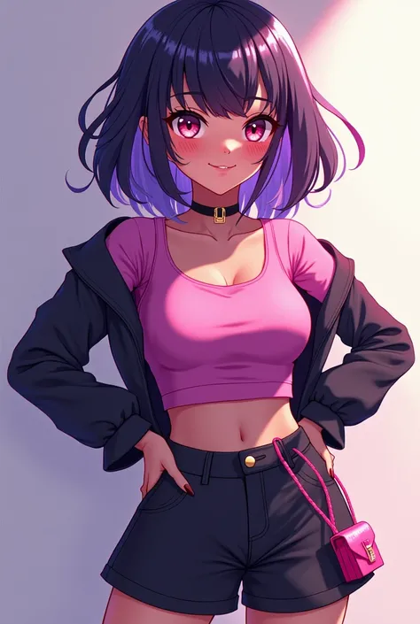 A girl with medium-long hair without bangs in purple and pink with dark skin with very aesthetic and fashionable clothes that attract attention ,May the girl be an anime girl with a beautiful smile  , who is a 17-year-old girl with very aesthetic accessori...