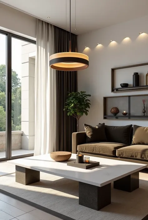 Professional 3d architecture  perspective rendering design of modern and minimal  and high tech design for   Italian elegant living room with  elegant velvet dark brown love sofa and  olive velvet sofa and  elegant rectangular  white cream  stone surface a...