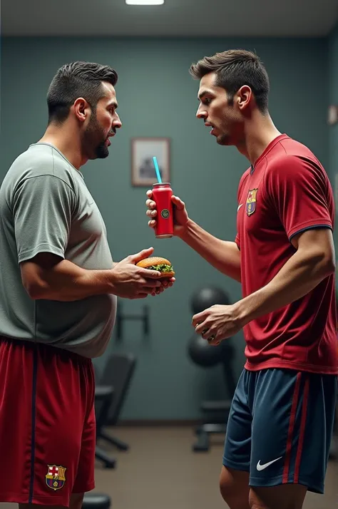 A realistic portrait image of Ronaldo throwing a protein shake at obesity Messi with big stomach yelling, "Drink this instead of cola!" as Messi ducks and grabs another burger from his gym bag.