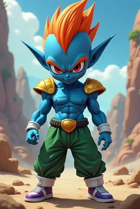 2D,Dragon Ball Z type character, with blue skin, orange hair, a mohawk haircut, green pants, with gold shoulder pads, long ears, no shirt, she has strong body, short stature, white and purple shoes.

